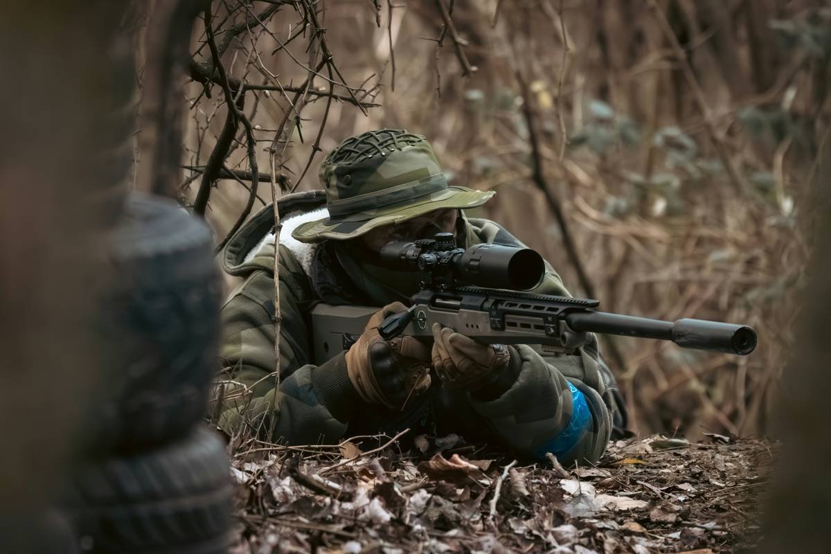 A man with a gun in the woods