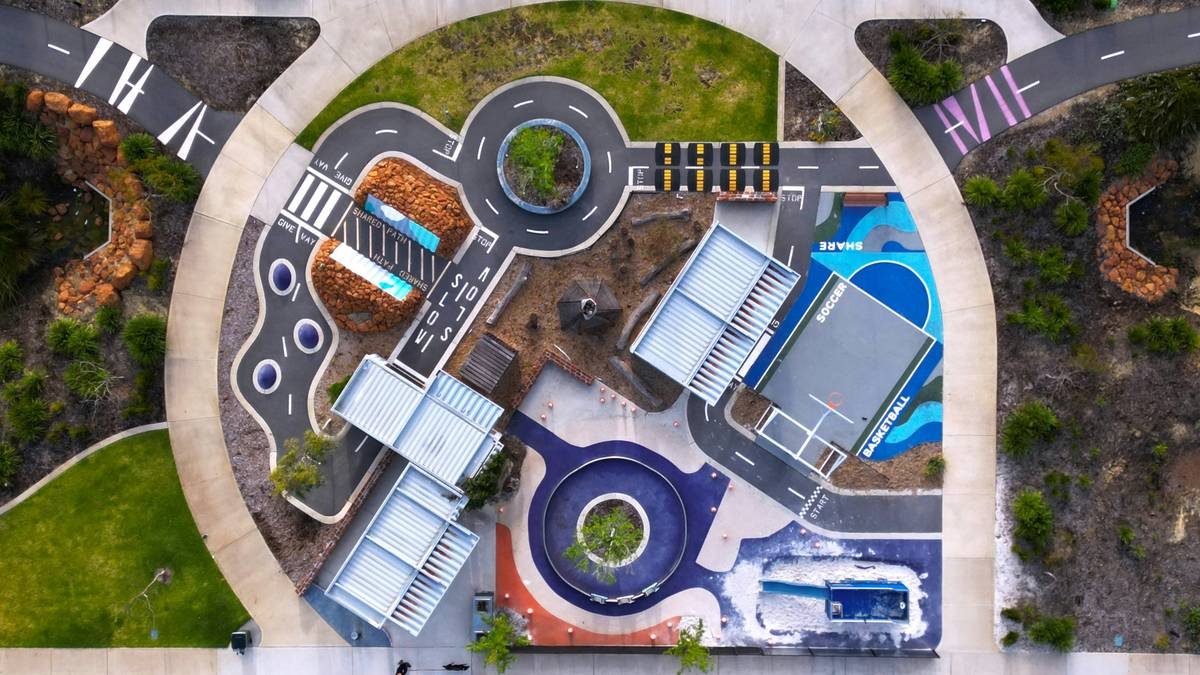 Aerial view of a children's park on a new housing development